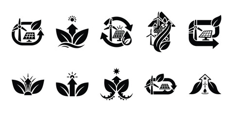Fototapeta premium sustainable energy flow icon set vector silhouette on transparent background. Ecology energy silhouette icons.