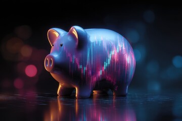 Double exposure artfully blends a piggy bank with colorful financial data for a striking visual effect