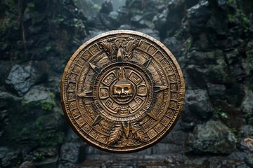 Obraz premium Mystical round metal sign with rocks in the background. 