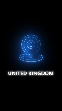 Neon blue location pin icon with UNITEDKINGDOM text on black background map marker navigation
