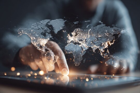 Serious person analyzing a digital map of the global northern region with focus and concentration on advanced technology - Powered by Adobe