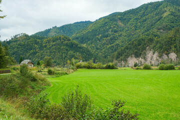 Naklejka premium Scenic Mountain Valley View with Wooden Houses and Forest