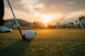 Golfer prepares to swing a club over a white ball on the green under a colorful sunset sky amidst a scenic golf course setting