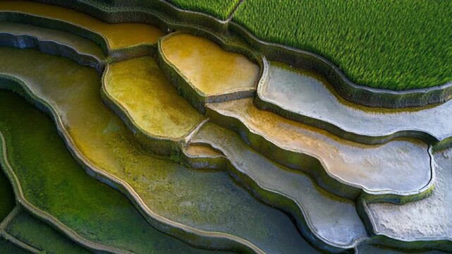 Terraced rice paddies aerial view with layered flooded fields and young green growth. Curving earthen walls form rhythmic contours that reflect water and light. Rural landscape shows seasonal stages a