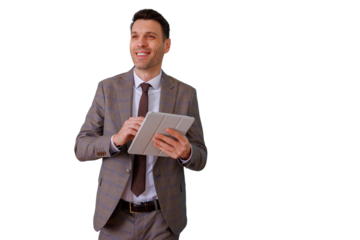 Confident businessman looking away and smiling, holding and using a digital tablet for business success, transparent background