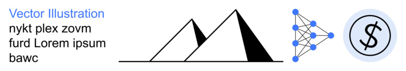 Obraz premium Data analysis, AI development, geometry design, financial systems, futuristic concepts, technology use. Triangle and pyramid shapes, network diagram and dollar sign icon. AI development