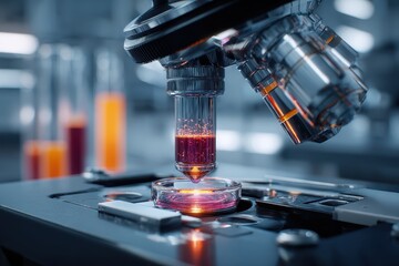 Research process in a medical DNA lab showcasing biotechnology with a microscope analyzing colorful samples in a well-equipped laboratory setting