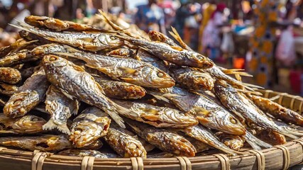 A bountiful display of traditionally dried small fish meticulously stacked in a woven basket ready for sale at a vibrant local market showcasing traditional food preservation methods and culinary her.