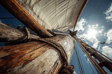 Obraz premium Captivating point of view shot capturing the wooden mast and sail against a bright blue sky with dramatic clouds