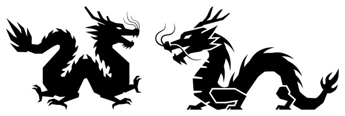 Fototapeta premium Two Chinese dragon silhouettes. Pair of traditional Asian mythological creatures facing each other vector illustration.