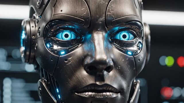 Close up of a futuristic android face with glowing blue eyes and metallic textures ideal for science fiction projects