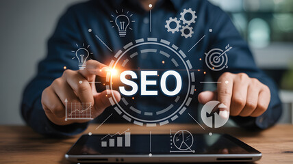 Businessman interacting with a digital SEO interface on a tablet for search engine optimization strategy and website ranking growth.