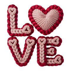 A creatively crafted love typography design featuring knitted yarn hearts in red and pink on transparent background