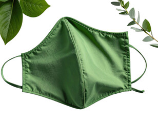 A green face covering presented with leaves on a black background