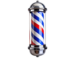A classic barber pole, a cylindrical beacon, with red, white, and blue stripes. Its chrome caps gleam