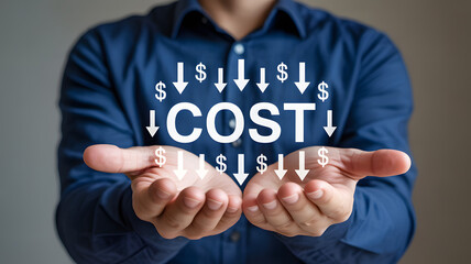 Hands holding a virtual cost reduction concept with downward arrows for financial management and business expense control.