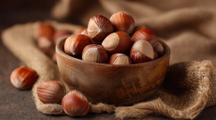 A bowl filled with hazelnuts sits on a piece of textured fabric. Some nuts are scattered around the bowl creating a rustic look. The lighting highlights the natural color of the nuts.