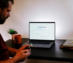 Middle Aged Man Takes Career Pathfinder Professional Assessment Tool for Occupational Suggestions Based on Personality Traits - Job Quiz Concept