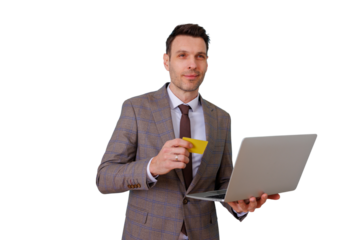 Businessman holding laptop and credit card, managing online payments and secure e-commerce shopping, transparent background