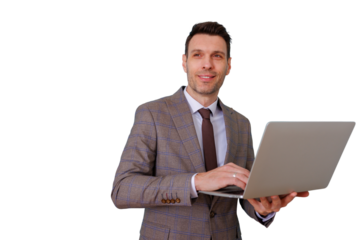 Professional businessman holding laptop smiling, thinking and looking away on transparent background, contemplating future