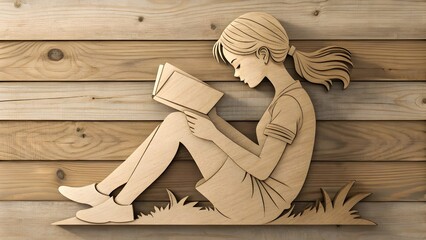 3D Layered Wood Cut Art: Minimalist Girl Reading Book Illustration
