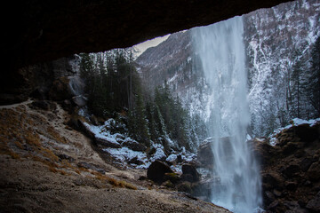 Pericnik waterfall in Vrata valley in Slovenia, winter landscape