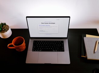 Middle Aged Man Takes Career Pathfinder Professional Assessment Tool for Occupational Suggestions Based on Personality Traits - Job Quiz Concept