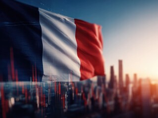 french flag with city skyline and economic graphs