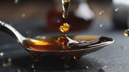 Golden viscous liquid possibly honey or syrup gracefully drips from a precise dropper into a shiny metal spoon creating delicate ripples and splashes highlighting culinary preparation or sweet indulg. - Powered by Adobe