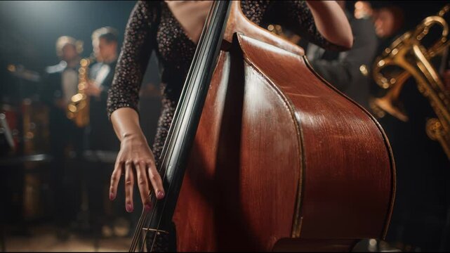 woman playing double bass in a big jazz band