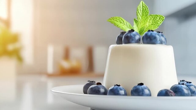 Panna cotta is a smooth Italian custard dessert topped with fresh blueberries and mint leaves. It sits on a clean white plate with soft kitchen lighting and shallow focus that emphasizes texture and f