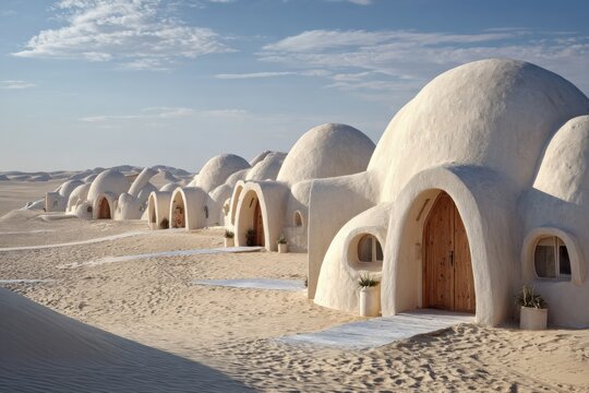 Discover unique white desert ecolodges surrounded by soft sand dunes in a tranquil retreat far from the bustle of city life during the golden hour