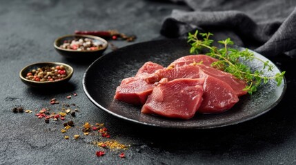 Fresh raw beef slices are elegantly arranged on a black plate, garnished with thyme. The table is set with colorful spices, enhancing the visual appeal and suggesting rich flavors.