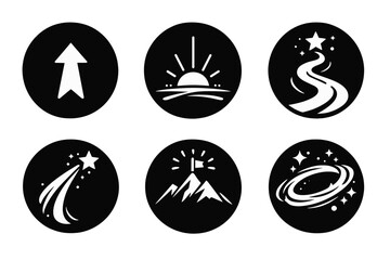 Ambition Vector Symbols. Solid style round vector icons of ambition and direction: arrow, horizon light, upward path, beam curve,