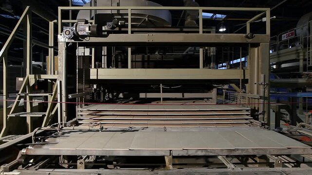 Roller conveyor system in a ceramic tile factory. Roller Kiln for the Production of Ceramic Tiles. Ceramic tiles being loaded into a Roller Kiln (tunnel furnace) for firing