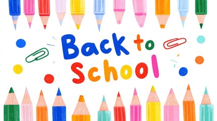 A vibrant and playful illustration featuring the cheerful phrase "Back to School" rendered in a multi-colored, textured font, centered on a clean white background. The text is playfully framed by bord