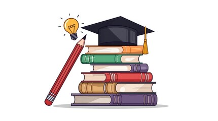 A vibrant and clean illustration depicting essential symbols of education and learning on a pure white background. A tall stack of colorful textbooks, representing knowledge and various subjects, is p