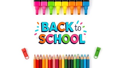 A vibrant and organized flat lay showcasing essential education supplies for a new academic season. Centered prominently is the cheerful phrase 'BACK to SCHOOL' rendered in bold, multicolored letterin