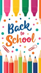 A vibrant and cheerful illustration featuring a "Back to School" message, surrounded by essential learning tools. The vertical composition showcases colorful highlighters at the top and an array of sh