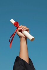 A triumphant moment is captured as a person's arm, clad in academic attire, proudly raises a rolled-up document tied with a vibrant red ribbon against a clear, expansive blue sky. This visually striki