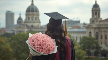 A triumphant moment captured from behind, showcasing a proud graduate adorned in academic regalia, including a traditional cap with a golden tassel. The individual holds a vibrant, bountiful bouquet o