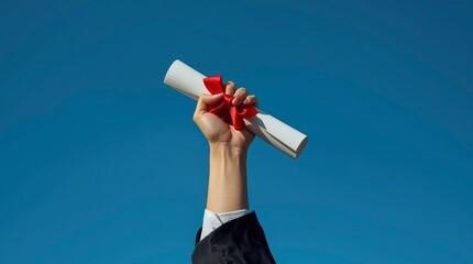 A triumphant moment captured as a hand, adorned in what appears to be academic attire, proudly holds a rolled document tied with a vibrant red ribbon against a clear, brilliant blue sky. This powerful