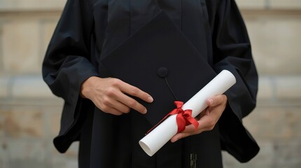 A triumphant moment captured as a person in a classic black graduation gown holds a cherished diploma, elegantly rolled and tied with a vibrant red ribbon, alongside a traditional mortarboard cap. The