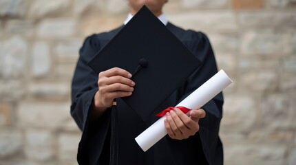 A student in a traditional black graduation gown proudly displays a classic mortarboard cap and a rolled diploma, adorned with a vibrant red ribbon. This compelling close-up shot perfectly encapsulate