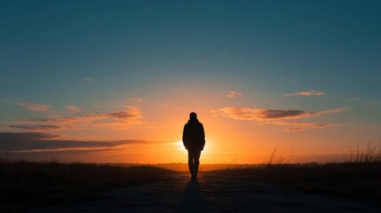 A striking silhouette of an individual walking along a tranquil path towards a vibrant, breathtaking sunset or sunrise. The magnificent sky glows with warm hues of orange and yellow, contrasting beaut