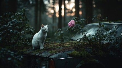 A solitary white feline rests gracefully atop the moss-covered hood of a forgotten, weathered automobile, deeply embedded within a tranquil, dark forest landscape. A delicate pink rose blossoms nearby
