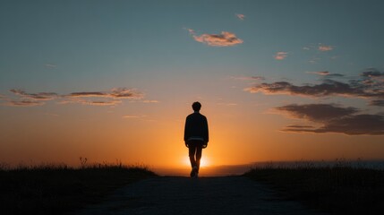 A solitary individual is captured in silhouette, walking on a gentle incline towards a breathtaking natural display of light. The vibrant sky, illuminated by the setting or rising sun, showcases a mag