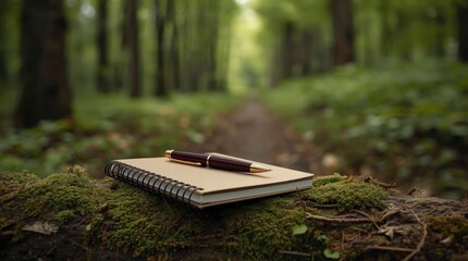 A sophisticated writing pen rests on a plain spiral-bound notebook, placed deliberately on a textured, moss-covered log in a tranquil forest setting. The blurred background features a soft green pathw