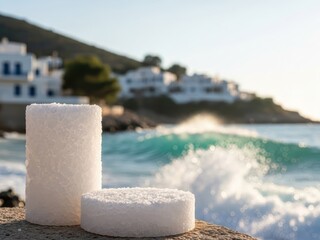 Two white cylindrical objects with textured surfaces stand on a stone ledge by the sea