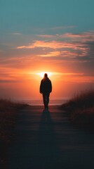 A solitary figure, silhouetted against a breathtaking sunset, walks along a wooden pathway leading towards the distant horizon and the shimmering ocean. The sky is a dramatic canvas of vibrant orange,